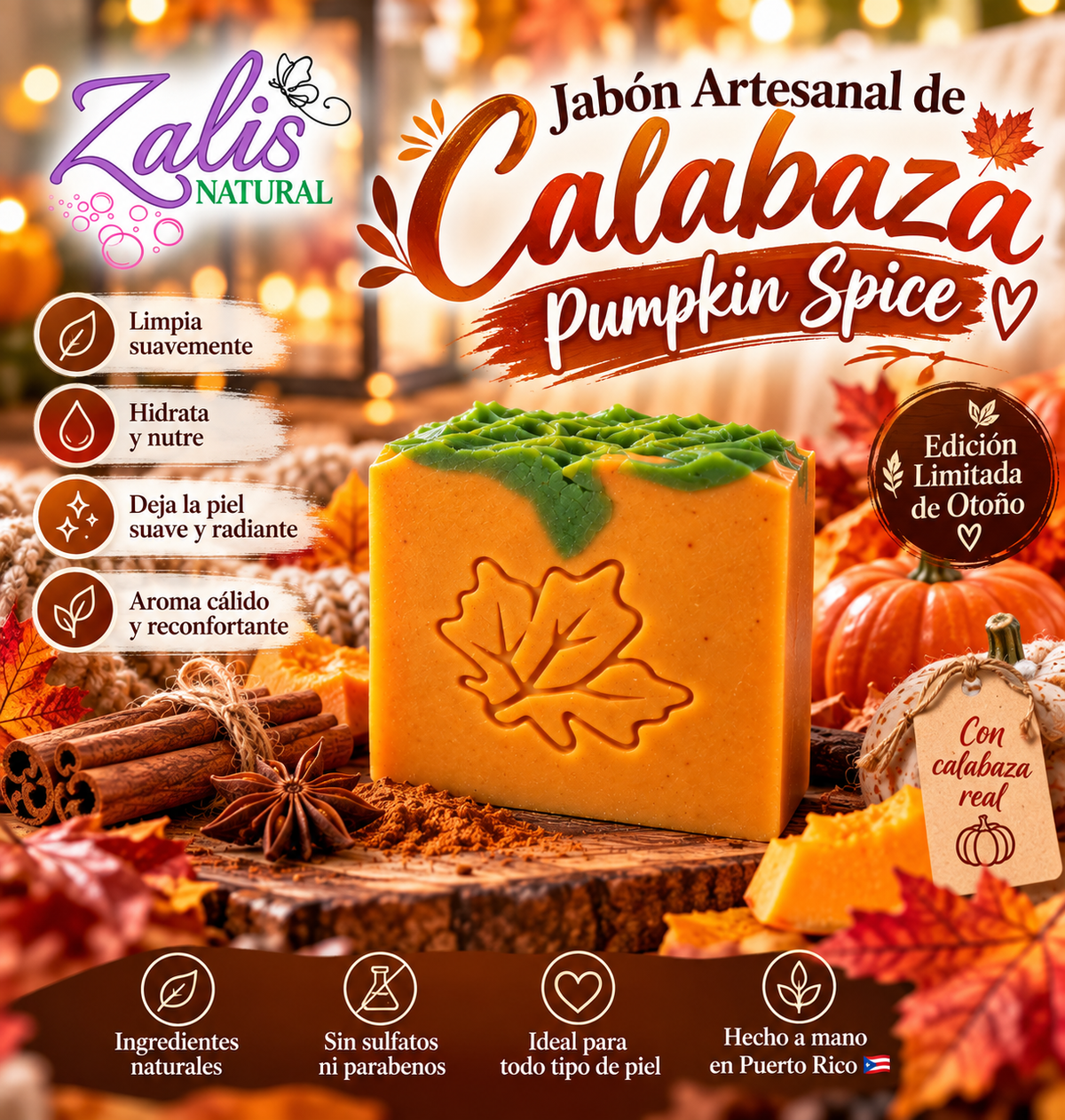 Jabón Artesanal de Calabaza Pumpkin Spice Zalis Natural, edición limitada de otoño